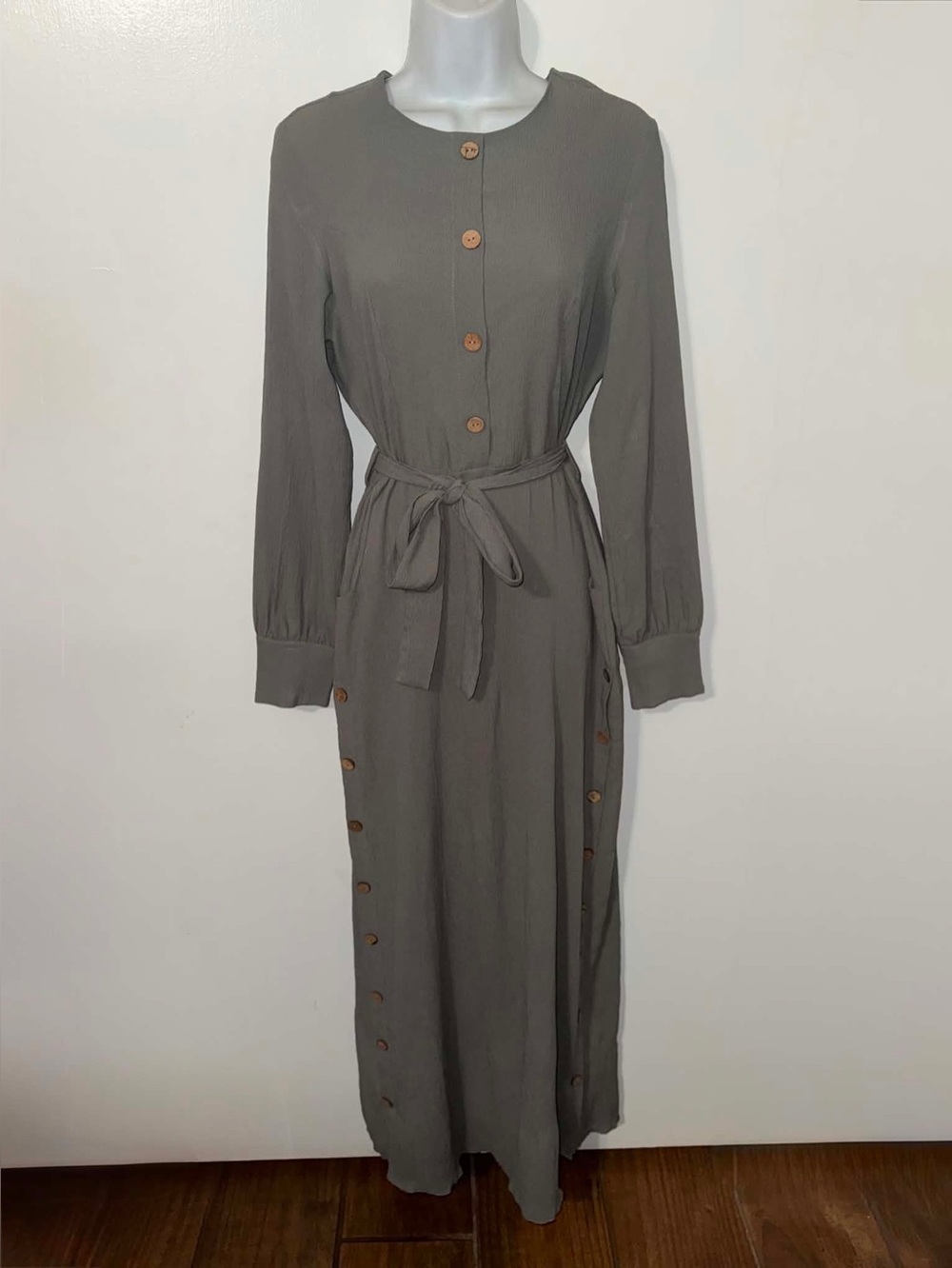 Long Sleeve Button-Front Maxi Dress in Olive Green